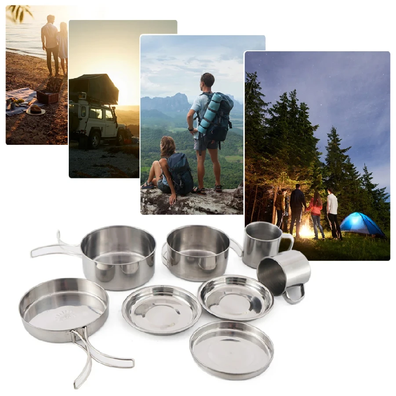 8pcs/Set Camping Cookware Mess - Camping Cooking Pot Stainless Steel ulasan dan harga