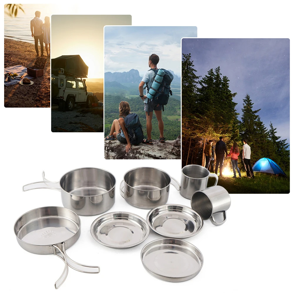 8pcs/Set Camping Cookware Mess - Camping Cooking Pot Stainless Steel ulasan dan harga