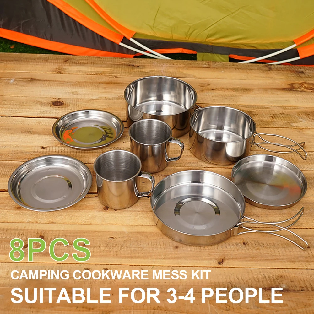 8pcs/Set Camping Cookware Mess - Camping Cooking Pot Stainless Steel ulasan dan harga